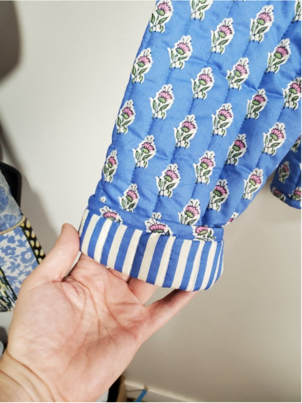JAPNA Quilted Cotton Floral Jacket Blue Small Block Print Hook Front Cottagecore - Picture 6 of 14